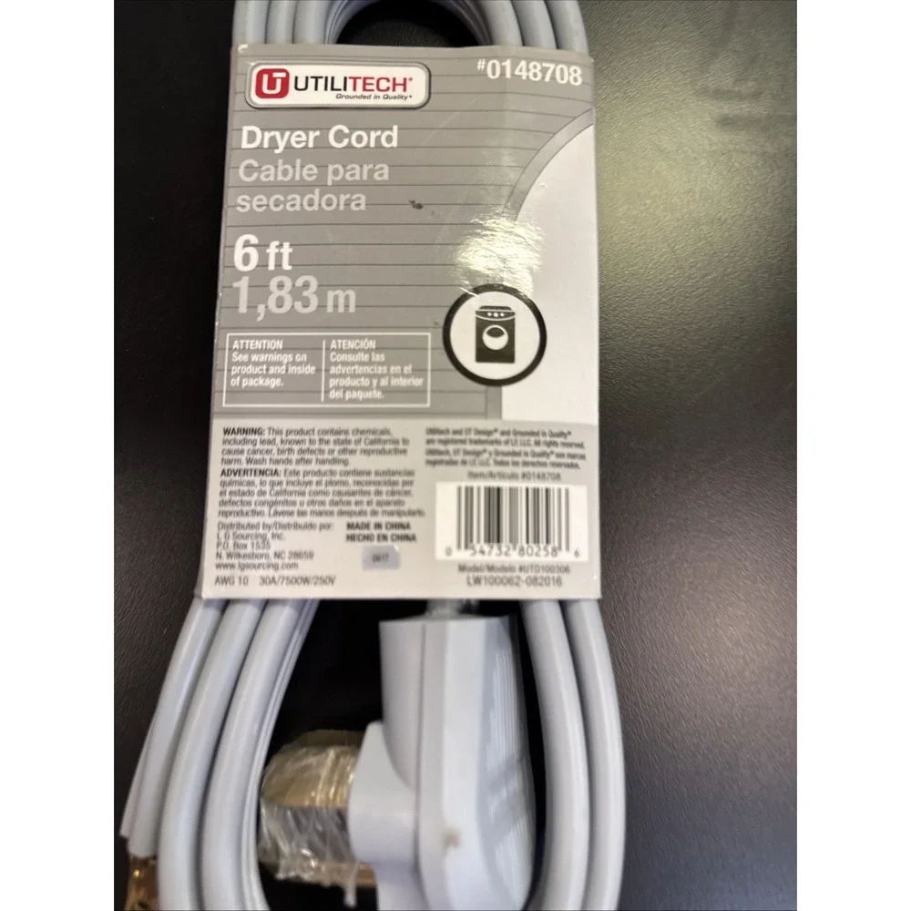 UTILITECH #0148708 6-FT 3-PRONG GRAY DRYER APPLIANCE POWER‎ CORD 30AMP [AH] - Picture 3 of 4